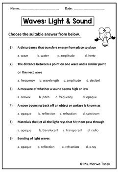 waves light and sound worksheets with answer key by ms marwa tarek