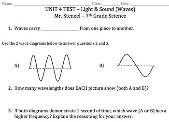 Preview of Waves, Sound & Light - Unit Assessments (Exam, Quiz) & Vocabulary List