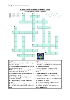 Preview of Waves, Sound, and Light - Crossword Puzzle Worksheet Activity (Printable)