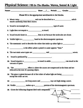 waves sound and light worksheet fill in the blank 2 tpt