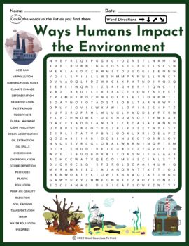 Preview of Ways Humans Impact the Environment Word Search Puzzle