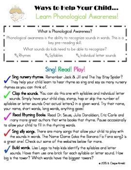Preview of Ways to Help Your Child Learn Phonological Awareness Parent Handout