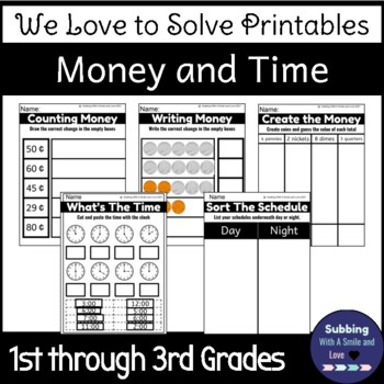 Preview of We Love to Solve Money and Time Printables