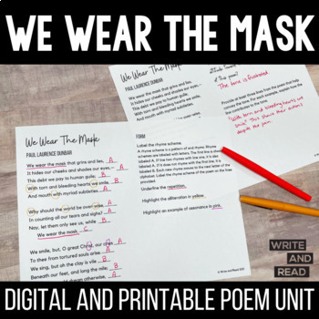 Preview of We Wear The Mask Poem Analysis Unit - Poetry by Paul Laurence Dunbar