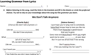 Preview of We don't talk anymore - Learning Grammar from Lyrics