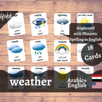Preview of Weather - ARABIC English Bilingual Flash Cards | 18 Nomenclature Cards