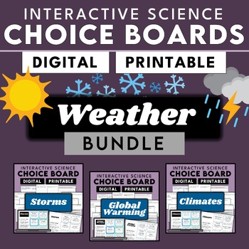 Preview of Weather + Climate |  Digital + Printable Choice Boards Bundle | No Prep Science