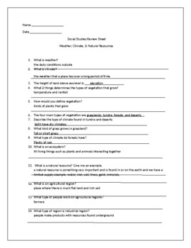 Preview of Weather Climate & Natural Resources Social Studies Review Sheet & answer key