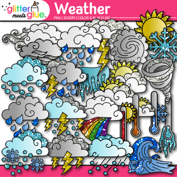 Preview of Weather Clipart: Rain Windy Cloudy Sun Snow & Stormy Clip Art Commercial Use PNG