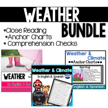 Preview of Bilingual Weather Reading Comprehension Anchor Charts Bundle In English Spanish