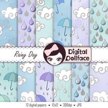 Preview of Weather Clouds Digital Paper, Rainy Day Background Paper