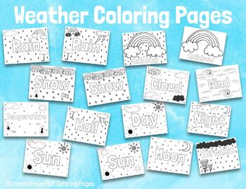 Preview of Weather Coloring Pages, Rain, Sun, Day, Night, Tornado, Moon
