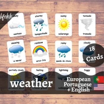 Preview of Weather - European PORTUGUESE English Bilingual Flash Cards | 18 Cards