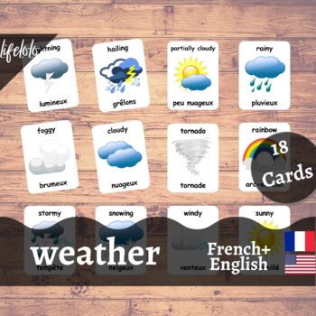 Preview of Weather - FRENCH English Bilingual Flash Cards | 18 Nomenclature Cards