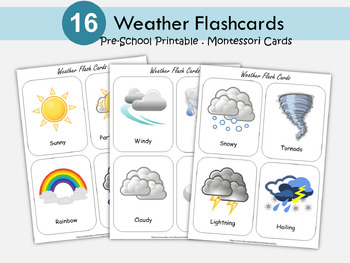 16 Weather Cards Montessori Flashcards Pre-school Cards Educational  Printable Cards Instant Download 