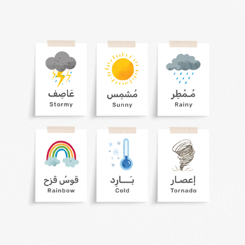Preview of Weather Flashcards Arabic and English Translation Printable, بطاقات احوال الطقس