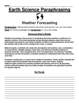 Weather Forecasting Paraphrasing Worksheet by BEST Educational Consulting