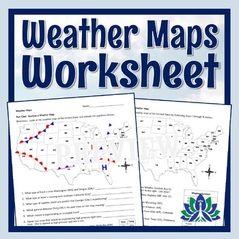 Preview of Weather Fronts Weather Maps Worksheet Middle School MS-ESS2-5