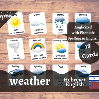 Preview of Weather - HEBREW English Bilingual Flash Cards | 18 Nomenclature Cards