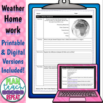 Preview of Weather Homework - NC Essential Science Standards 5.E.1