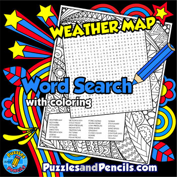 Preview of Weather Map Word Search Puzzle with Coloring Activity | Weather Wordsearch