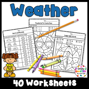 Preview of Weather Themed Kindergarten Math and Literacy Worksheets And Activities