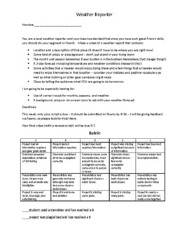 Preview of Weather Project -  French 1 (Novice-Mid) / Distance Learning