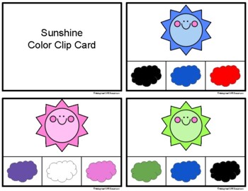 Preview of Weather- Sunshine- Color Match, Spelling and Writing Clip Cards