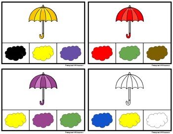 Preview of Weather- Umbrella- Color Match, Spelling and Writing Clip Cards