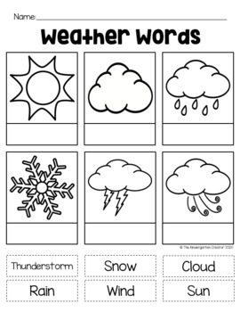 weather words cut and paste activity by the kindergarten