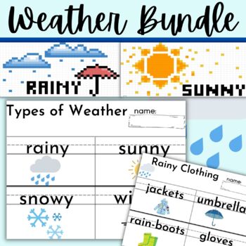 Preview of Weather Writing and Math Bundle with Sunny Rainy Snowy and Windy Topics