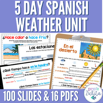 Preview of Weather in Spanish 5 Day Unit El Tiempo El Clima Slides & 15 PDF worksheets