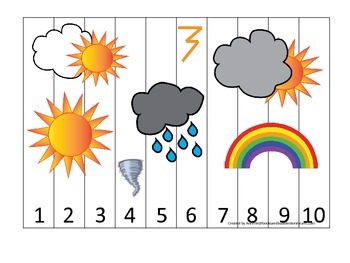 Preview of Weather themed Number Sequence Puzzle.  Preschool simple math activity for child