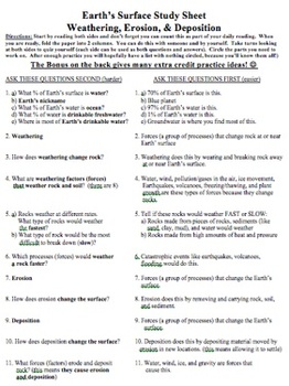 Weathering, Erosion, Deposition Study Sheet, Flash Cards, and Quiz