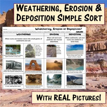 Weathering, Erosion & Deposition Simple Sort with real pictures: center