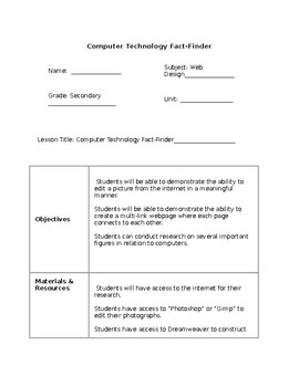 Preview of Web Design - Computer Technology Fact Finding Lesson Plan