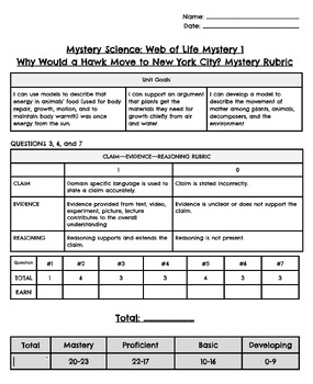 Preview of Web of Life, Mystery 1 Rubric