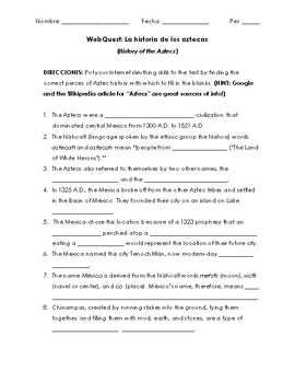 Preview of WebQuest: History of the Aztecs - Spanish & Mexican History/Culture Worksheet