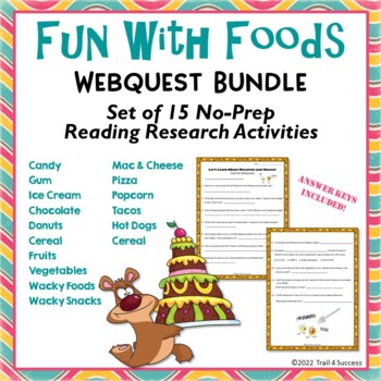 Preview of Fun Food Facts Webquest Worksheets Bundle 15 Reading Research Activities