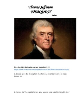 Preview of U.S. History Activity: Webquest; President Thomas Jefferson, Biography
