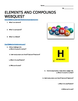 Preview of Webquest on Elements and Compounds