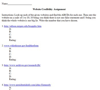 Preview of Website Credibility Worksheet