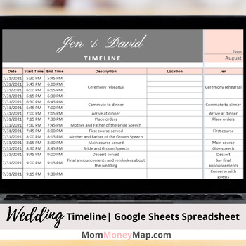 Preview of Wedding Day Timeline Google Sheets Spreadsheet