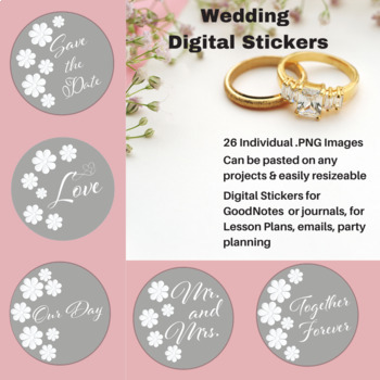 Preview of Wedding Digital Stickers - Grey and White Floral