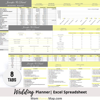 Preview of Wedding Planner Excel Spreadsheet - Yellow