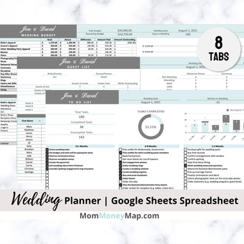 Preview of Wedding Planner Google Sheets Spreadsheet - Sky Blue