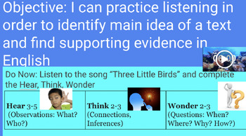 Preview of Week 1: 3 Little Birds- Hear-Think-Wonder Song Analysis Presentation Slides