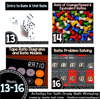 Preview of Week 13-16 of 6th Grade Math Workshop Activities - Rate Unit Rate Ratios