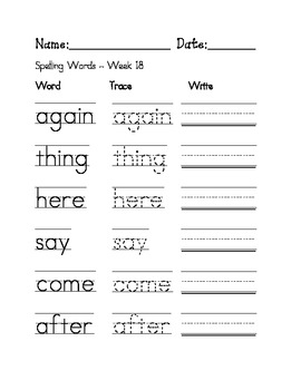 Week 18 Sight Words / Spelling Words Worksheet by Mrs Hilland | TPT