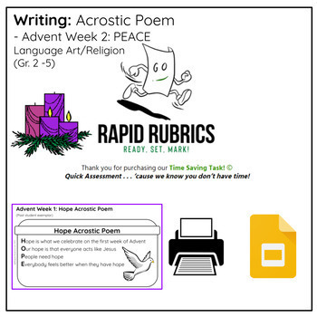 Preview of Week 2 Peace ADVENT Acrostic Poem - Time Saving Task - Ontario - Rapid Rubrics